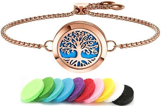 Aromatherapy Essential Oil Diffuser Bracelet, Tree of Life Pattern Locket Adjustable Link for Women Birthday Jewelry Gifts Trendy for Wife Mothers(Rose Gold)