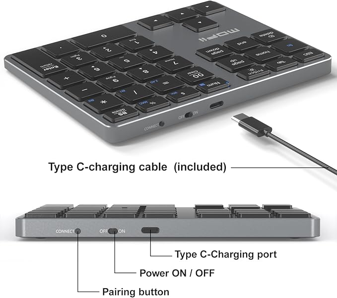MOFII Bluetooth Number Pad for Laptop - Gray Wireless Numeric Keypad 35 Keys USB-C Rechargeable Numpad, Accounting Portable Financial Data 10 Key for Laptop/PC/Desktop/Notebook/Surface Pro