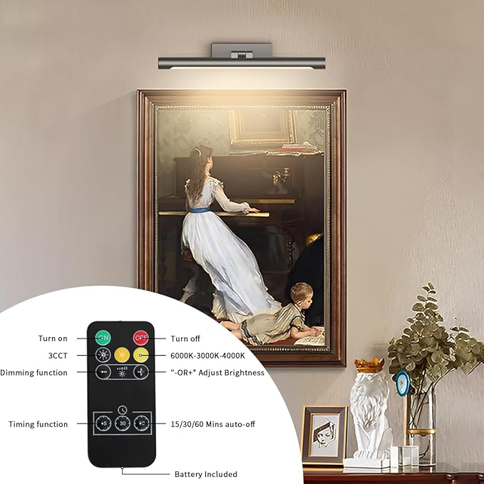 Joosenhouse Battery Operated Picture Light Rechargeable Gallery Light with Remote Control Dimmable and Timer Off Adjustable Swing Arm Brushed Grey 16.53in Wireless Wall Lights for Picture Display