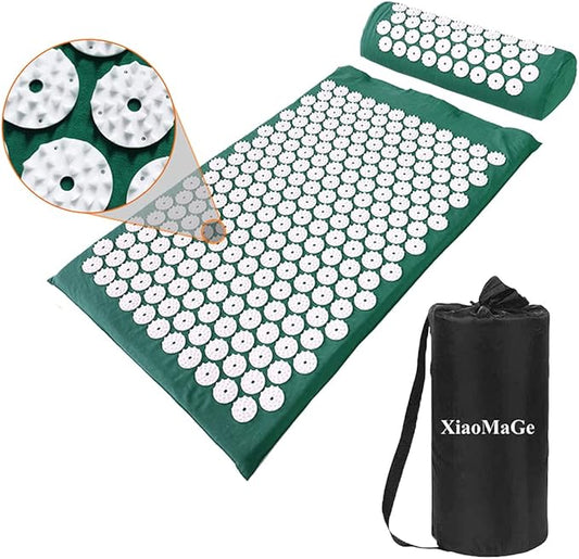 Acupressure Mat and Pillow Set with Bag - Large Size 28.7 X 16.5 inch Acupuncture Mat for Neck & Back Pain Relief- Naturally Relaxation Gift for Women - Stress Relief Massage Mat (Green)