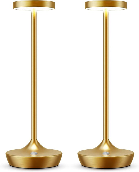 2 Pack Cordless Table Lamps, Battery Operated LED Desk Lamp, 3-Color Stepless Dimming, Portable & Waterproof, for Restaurants, Bedrooms, Bars, Outdoor Parties, Camping, and Cafes (2Pack Gold)