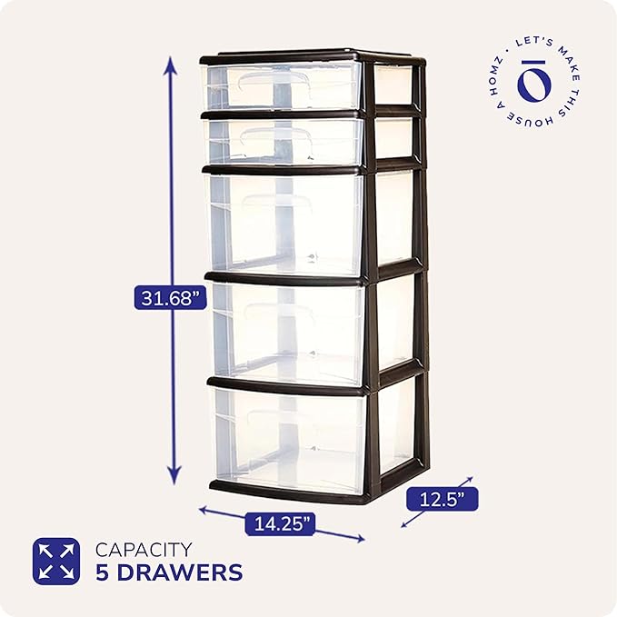 HOMZ 2-Pack Drawer Tower, 5-Tier Clear Plastic Storage Organizer Unit, Black Frame - Multi-Purpose Container Drawers for Bedroom, Bathroom, and Office Organization