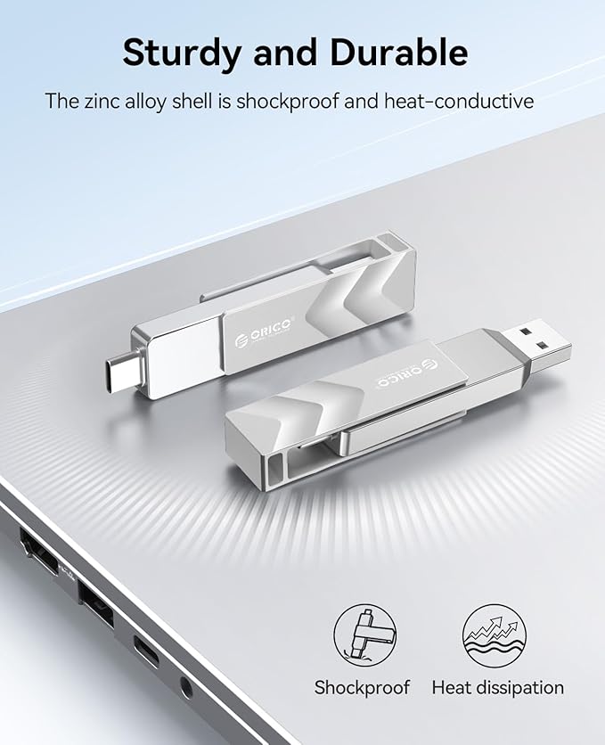 ORICO 512GB Portable Solid State Drive, 1050MB/s Dual-Port Rotating Metal External SSD with 90° Click-Stop, Reliable Storage for iPhone 16, 15 Series, Type-C Smartphone, Mac, Audio, Vehicle - A101