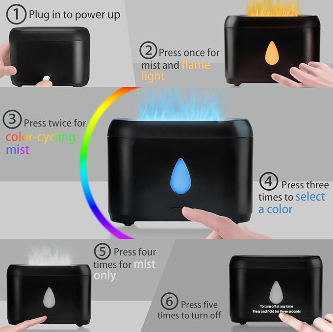 Flame Diffuser for Essential Oils, 200ml Ultrasonic Aroma Diffusers with Cool Mist, Aromatherapy Diffuser with Auto-Off Protection, Small Humidifier for Home,Office,Gift,B(7 Colors)+Oils（Each 5ml）