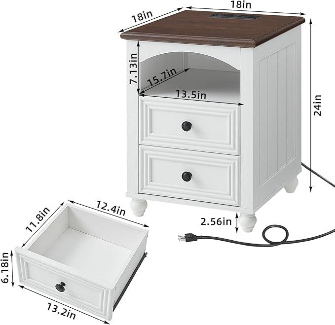 18" Farmhouse Night Stand with Charging Station, White Wood Nightstand with 2 Drawers, Bedside End Table with Shelf Storage, Bed Side Tables Cabinet for Bedroom, Living Room, and Closet