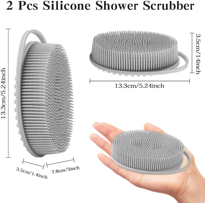 2 Pack Silicone Body Scrubber with Loofah Exfoliating Soft Body Shower Scrubber for Body, 2 in 1 Bath and Shampoo Wash Brush for Skin Exfoliation Men Women (Grey&Pink)