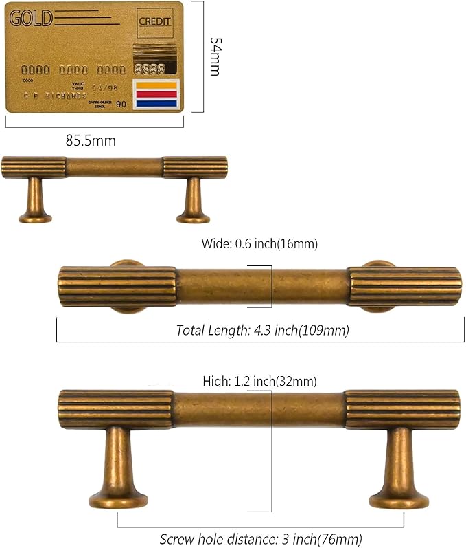 Amerdeco 10 Pack Antique Brass Cabinet Pulls 3 Inch(76MM) Hole Centers Kitchen Cabinet Handles Hardware for Cabinets Cupboard Handles Drawer Pulls ZH0071