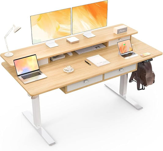 Electric Standing Desk, 63 * 30 Inches Adjustable Height with 4 Drawers, Double Storage Shelves, Home Office Workstation Sit Stand up Desk (Nature)
