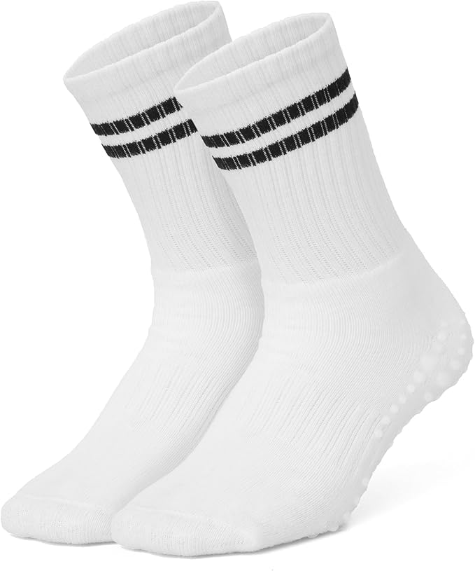 AMELLE Pilates Mid Crew Grip Socks for Women Non Slip – Half Cushioned Striped Yoga Barre Crew Socks with Grips – Anti Skid
