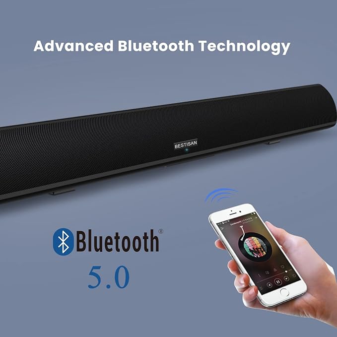 Sound bar, BESTISAN Soundbar Wired and Wireless Bluetooth 5.0 HDMI-ARC Speaker for TV (28 Inches, HDMI-ARC Connection, Optical Cable Included, DSP, Bass Adjustable, Wall Mountable)