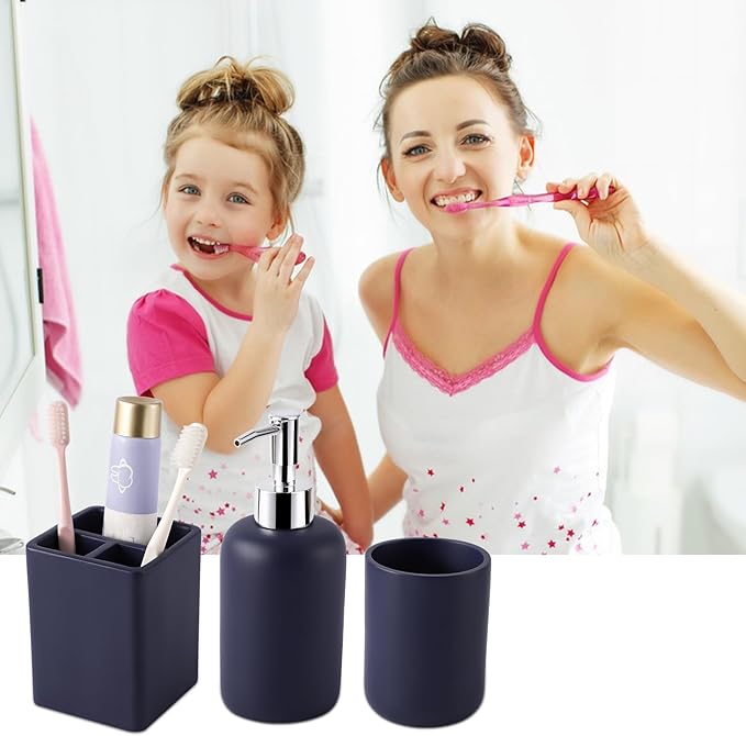 Resin 6 Pcs Navy Blue Bathroom Set Complete with Toothbrush Holder, Lotion Soap Dispenser, 2 Qtip Holder Dispensers,Vanity Tray,Bathroom Tumbler - Countertop Vanity Organizer - Bathroom Accessories
