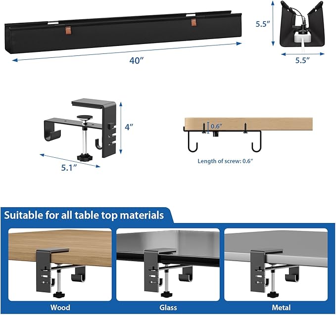 Zilink No Dril Under Desk Cable Management Tray 40" Cord Organizer for Table Clamp/Screw Mount Premium Fabric Cable Management Tray for Home Office Gaming Desk