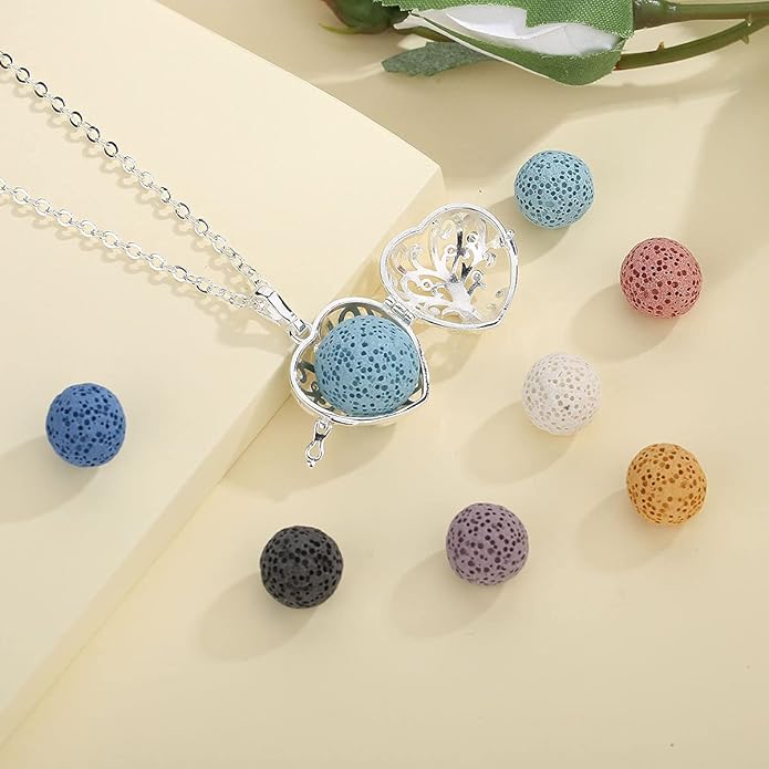 INFUSEU Tree of Life Pendant Aromatherapy Necklace for Women Essential Oil Diffuser Jewelry Healing Lava Rock Stone Heart Spiritual Gifts Items for Meditation Yoga Aroma Perfume