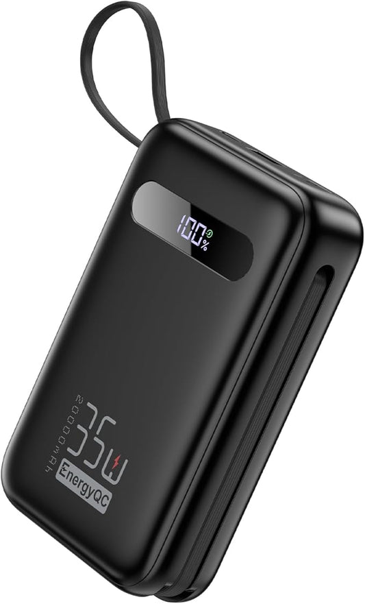 EnergyQC 20000mAh Portable Charger, 35W PD 3.0+QC 4.0 Fast Charging Power Bank with Built-in Lightning & USB-C in&Out Cables, Travel Battery Pack for iPhone 17/16/15/14, Samsung, iPad, Android, Black