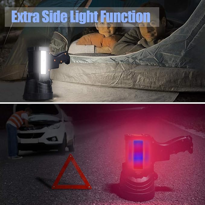 YIERBLUE Rechargeable Spotlight, Super Bright High Lumen LED Handheld Spotlight Long Lasting Large Flashlight Searchlight and Flood Camping Flashlight with Foldable Tripod Black
