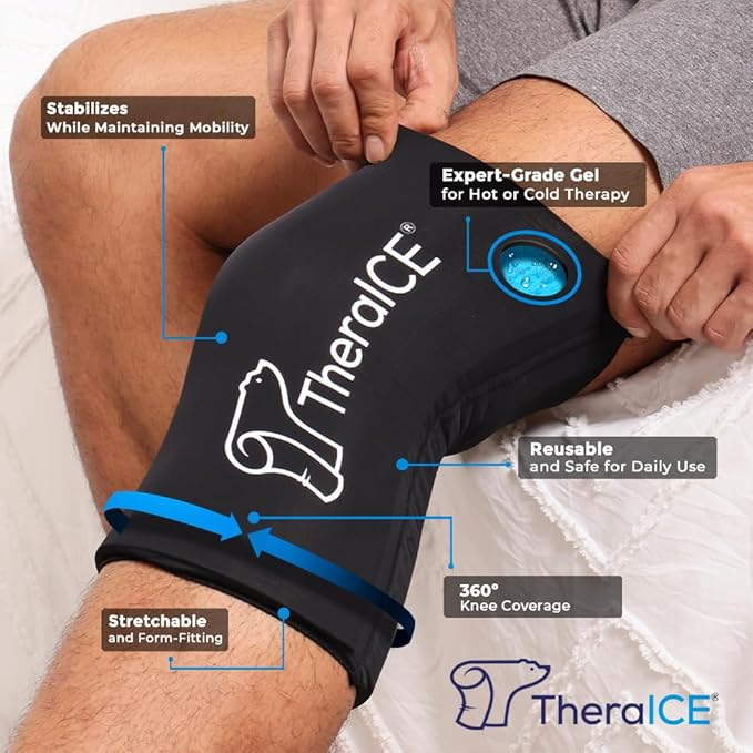 TheraICE Knee Ice Pack Wrap Compression Sleeve for Injuries, Reusable Gel Cold Packs Brace Also for Elbow, Ankle & Calf - Flexible Cold Wrap Recovery for Meniscus, ACL, MCL Pain Relief (L)