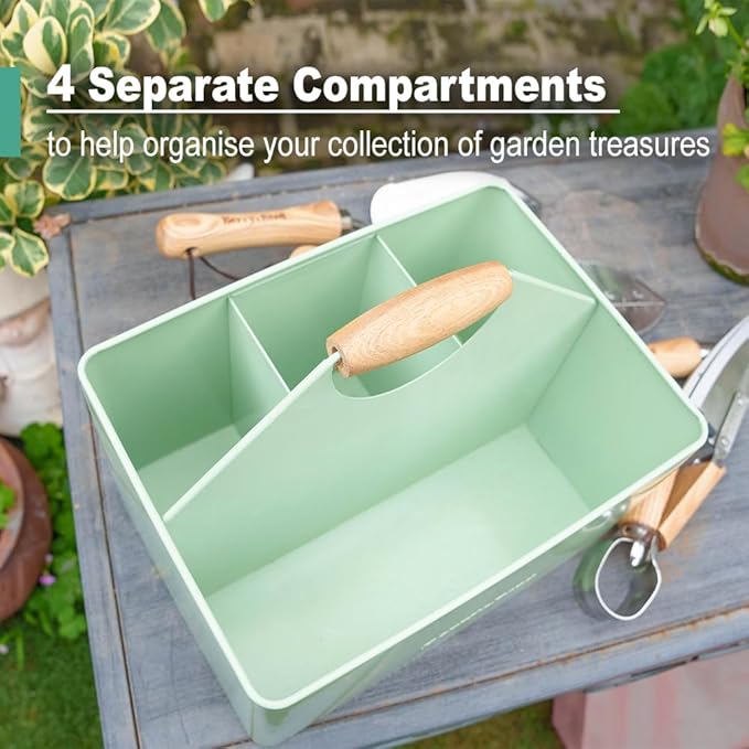Berry&Bird Garden Tool Organizer, Metal Garden Caddy with 4 Compartments and Wooden Handle, Gardening Tools Box for Indoor & Outdoor, Practical Gardener Gift for Gardening Lovers