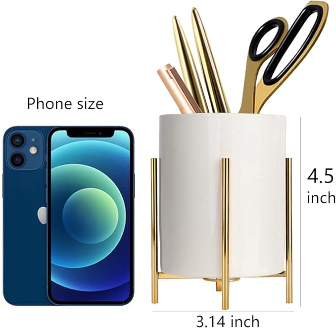 Gold pencil cup Sturdy metal frame with white ceramic pen holder For desks and kitchen appliance holders