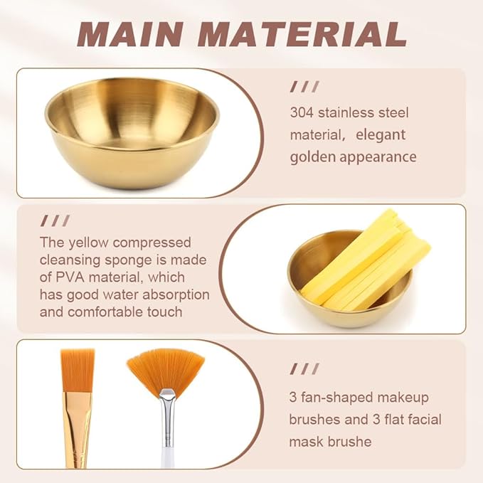 30Pcs Esthetician Supplies for Facials Set 6 Gold Facial Bowls Esthetician 6* Facial Brushes 6* Flat Brushes 12 Sponge Strips Face Cosmetic Applicators for Mask Mixing(COLOR:Gold)