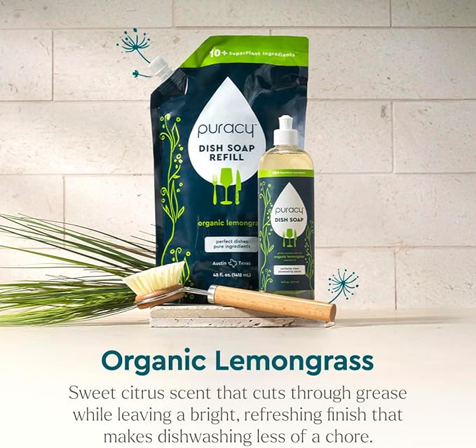 Puracy Natural Dish Soap Refill - Skin-Softening Plant-Based Liquid Dishwashing Detergent Soap, Clean-Rinsing Water-Sheeting Formula (Organic Lemongrass, 48 fl oz)