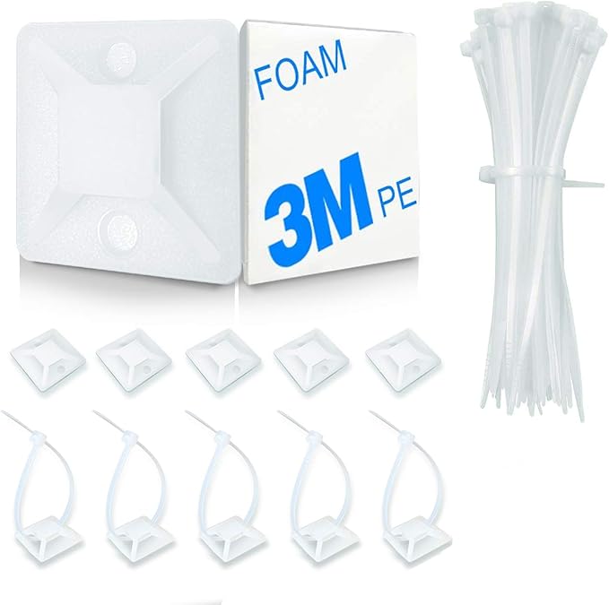 HUASAI 4/5" 100 Pack Zip Tie Mount With Cable Ties,Self Adhesive-backed Mounts for Wire Holder, White Cable Management Clips Wall Anchors