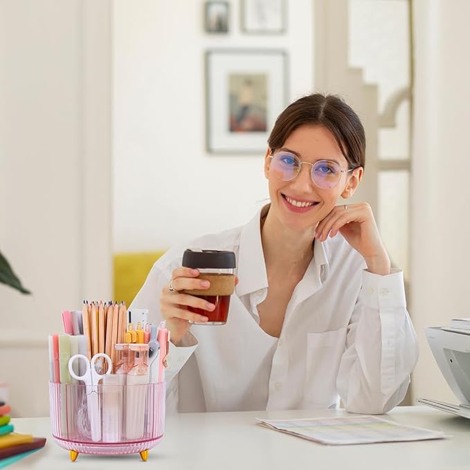 SKYDUE Rotating Pencil Pen Holder, Pen Organizer with 5 Slots - Aesthetic Desk Organizer and Accessories for School, Home, Office Supplies, Clear Pink