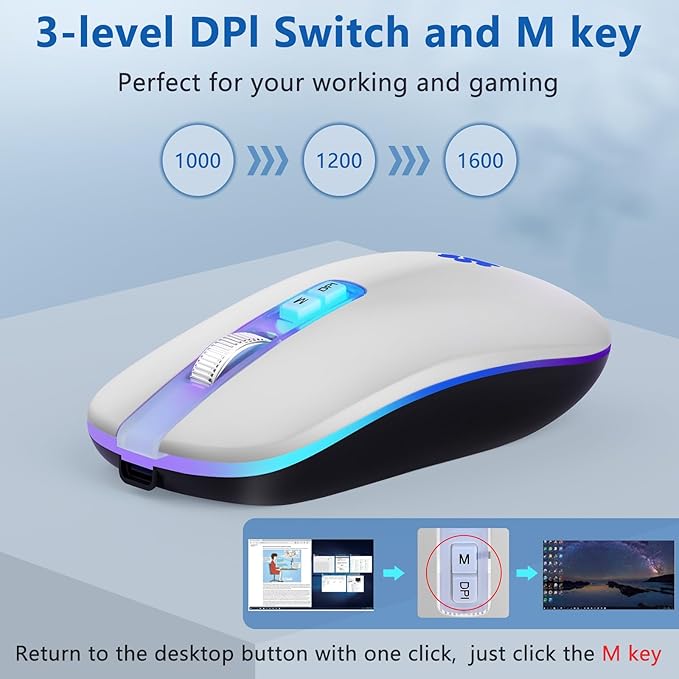 KARFUN Wireless Mouse, Backlit LED Portable Slim Laptop, PC, MacBook, iPad, Chromebook, Notebook 2.4G Rechargeable Wireless Mouse (Ivory White)