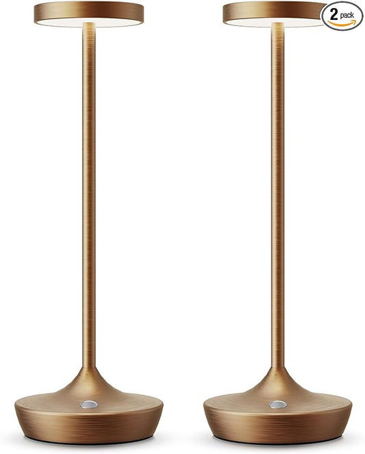 2 Pack Cordless Table Lamps, Battery Operated LED Desk Lamp, 3-Color Stepless Dimming, Portable & Waterproof, for Restaurants, Bedrooms, Bars, Outdoor Parties, Camping, and Cafes (2Pack Bronze)