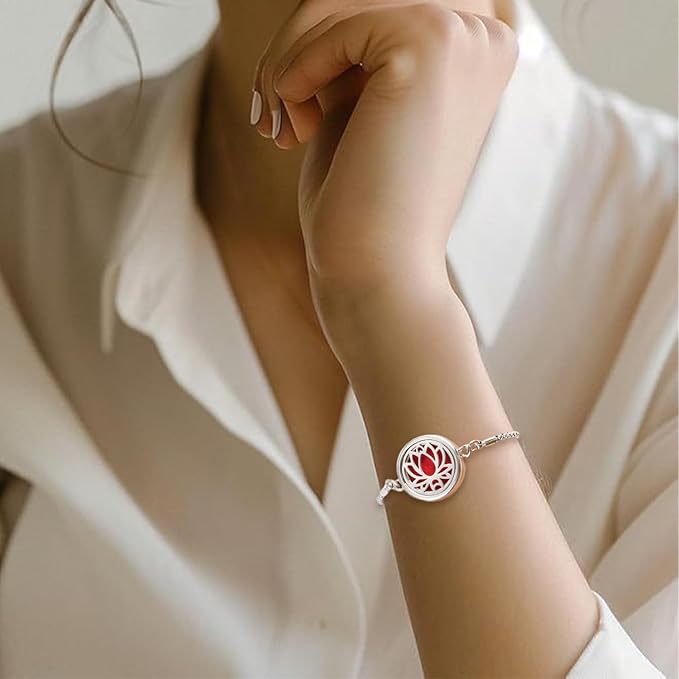 Essential Oil Diffuser Bracelet Aromatherapy Locket Adjustable Bracelet Stainless Steel Lotus Bracelet with 10 Pcs Refill Pads for Women Girls
