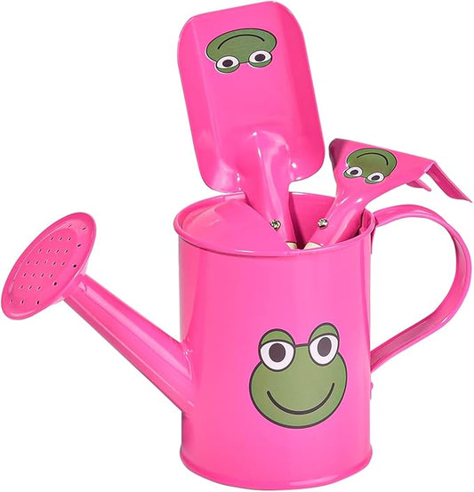 Sungmor Small Watering Can Set Cute Little Gardener Kit | Package Includes 3PC Rose Red Frog Watering Can & Trowel & Rake Gardening Hand Tools | Perfect for Garden,Yard or Beach