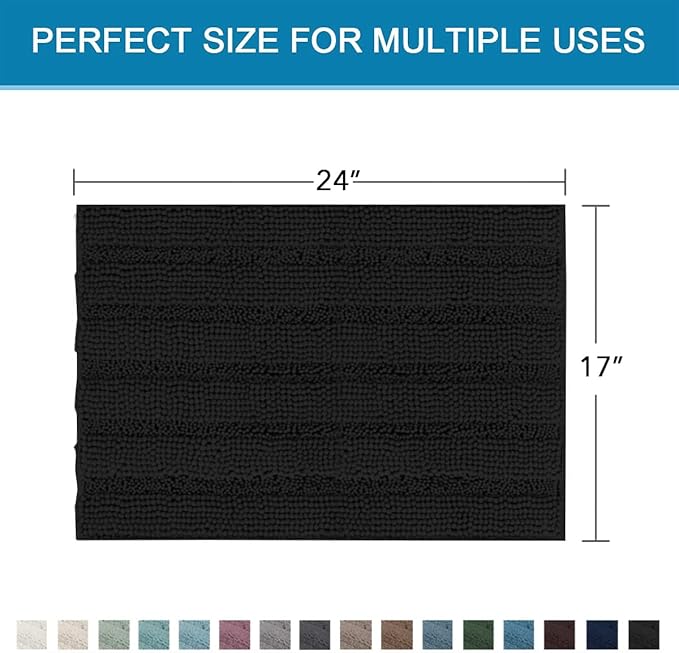 H.VERSAILTEX Bathroom Rugs Bath Rugs Non Slip Bath Mats Extra Thick Chenille Striped Rug 17" x 24" Absorbent Soft Shaggy Washable Dry Fast Bath Mats for Bathroom Floor - Black
