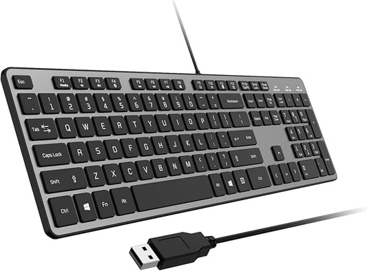 Wired USB Keyboard, Comfortable Quiet Chocolate Keys, Durable Ultra-Slim Wired Computer Key board(QWERTY) for PC, Windows 11/10/8/7/XP/Vista KB1430 (grey wired keyboard, Full Size Keyboard)