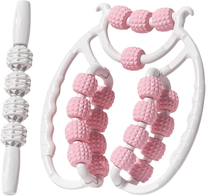 Colaxi 20 Wheels Massage Roller with Massage Stick Portable Multipurpose Flexible Handheld Roller for Back Shoulders Legs Thigh Arms, Pink