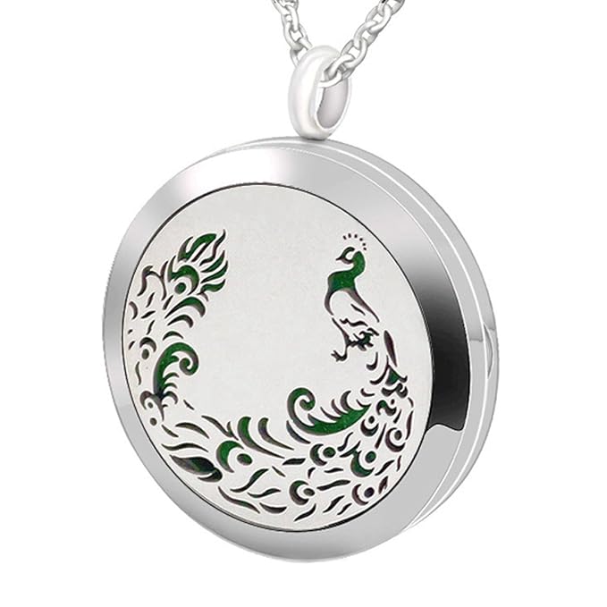 Aromatherapy Essential Oil Diffuser Necklace - Stainless Steel Locket Peacock Pendant with 24" Chain 8 Colors Pads for Mother Christmas Birthday Father's Day Women Men
