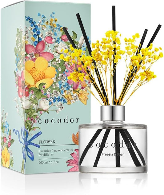COCODOR Preserved Flower Reed Diffuser/Freesia&Pear/6.7oz/1Pack / Home Fragrance Scent Essential Oil Stick Diffuser for Bedroom Bathroom Home Décor