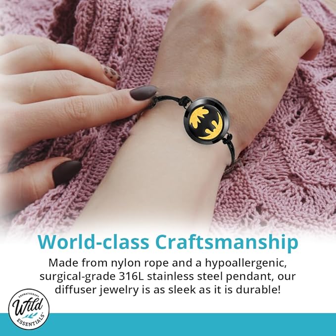 Wild Essentials Potter Hallows Essential Oil Diffuser Bracelet Gift Set with Aromatherapy Pendant, Adjustable Nylon Band, 12 Pads and 100% Pure Oils; Lavender, Lemongrass, Orange and Peppermint