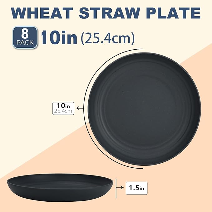 Wheat Straw Dinner Plates - 10 Inch Unbreakable Set of 8 - Dishwasher & Microwave Safe Reusable Plates - Lightweight for Kitchen, Camping (Classic Series)