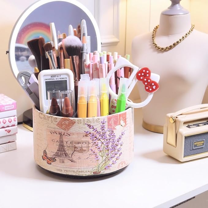 360° Rotate Desk Pen Organizer, Makeup Brush Holder Organizer, Makeup Organizers Countertop, TV Remote Control Holder,Leather Remote Caddy,Dual-Purpose Art Supply Pencil Cup (Lavender)