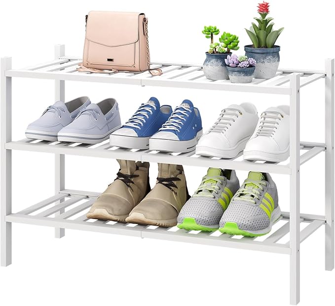 White Shoe Rack, 3-Tier Bamboo Wood Shoe Rack for Closet, Entryway & Hallway, and Stackable Shoe Shelf Storage Organizer for Indoor and Outdoor