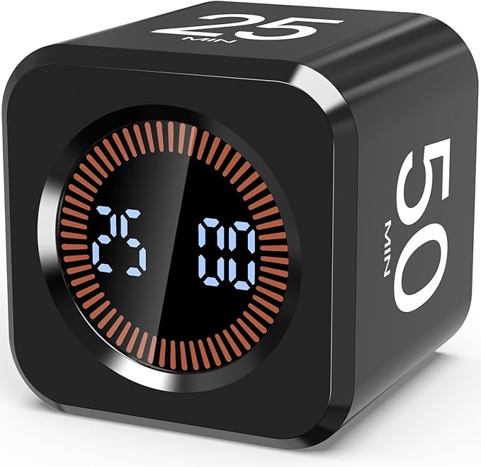 Pomodoro Timer Cube Visual Productivity Flip Timer for Kids Classroom Desk, 5/10/25/50min& Custom Countdown, Silent&Sound Mode Digital Cube for ADHD Study Work School Game Kitchen (Black)