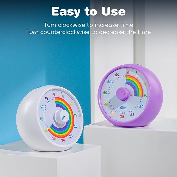 Visual Timer for Kids, 60-Minute Countdown for Classroom Office Kitchen, Desk Timer Kids Time Management Tools with Silent Operation, Pomodoro Timer Rainbow Pattern Purple