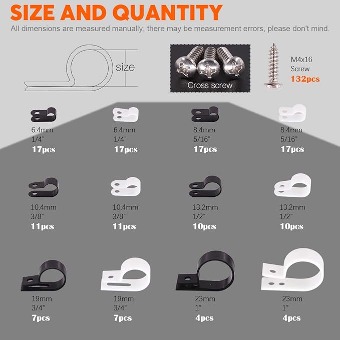 132 Pcs 6 Sizes White and Black Nylon R-Type Cable Clamp Cable Organizer Cord Fasteners Screw Mounting Electrical Grip Wire Clips with 132 Pcs Screws for Wire Management (Black and White)