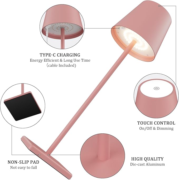 2-Pack LED Cordless Table Lamp, Rechargeable Battery Desk lamp 3W 5500mAh Battery Operated Stepless Dimming Modern Portable Table Light for Restaurant/Bedroom/Outdoor IP54 Waterproof (Pink)