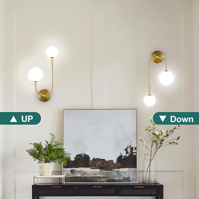 Milk Glass Wall Sconce Gold Wall Sconces Mid Century Modern Sconces Wall Lighting 2 Light Globe Sconce for Bedroom Living Room Hallway Wall Light Fixtures