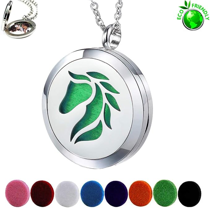 Essential Oil Diffuser Necklace Aromatherapy Jewelry Stainless Steel Horse Animal Locket Pendant with 24 inch Chain 8 Pads Birthday Christmas Jewelry Gift for Women Men