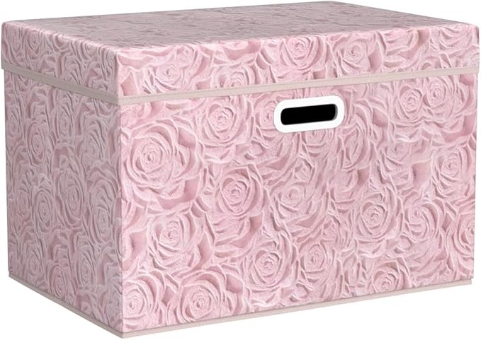 Prandom Larger Foldable Storage Boxes with Lid,Rose Pattern Fabric Decorative Storage Box,Cubes Organizers,Baskets with Handles,For Bedroom,Closet, Living Room,Pink,45x30x30cm[3-Pack]