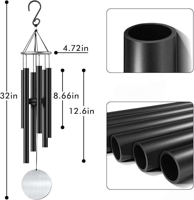 Wind Chimes for Outside, 32-inch Aluminum Deep Tone Wind Chimes, Memorial WindChimes Outdoor, Best Gifts for Mom, Grandma, Suitable for Garden, Patio, Backyard Decoration(Black)