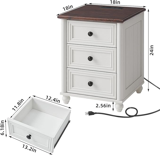 18" Farmhouse Nightstand Set 2 with Charging Station and USB Port, White Night Stand with 3 Drawers, Wood Bedside End Table with Storage, Bed Side Tables for Bedroom Living Room and Closet