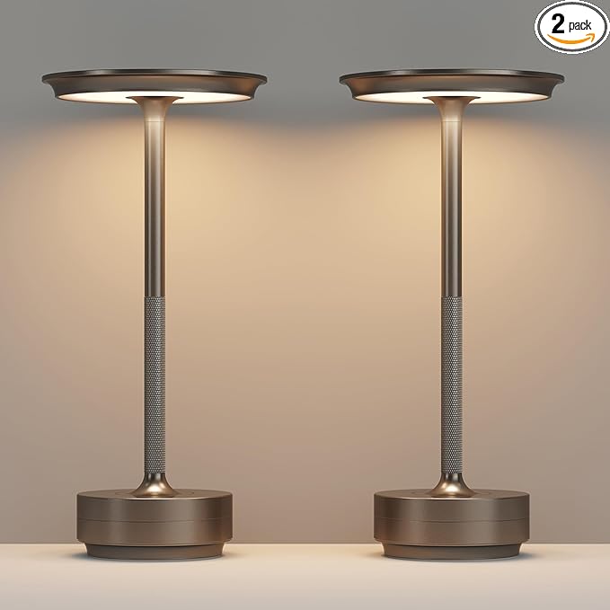 2 Pack Cordless Table Lamps Rechargeable, Portable 5000mAh LED Table Light, 3 Color Stepless Dimming Battery Powered Table Lamp for Bedroom/Home/Restaurant/Outdoor.(Cafe)
