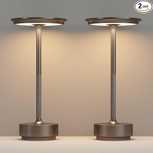 2 Pack Cordless Table Lamps Rechargeable, Portable 5000mAh LED Table Light, 3 Color Stepless Dimming Battery Powered Table Lamp for Bedroom/Home/Restaurant/Outdoor.(Cafe)